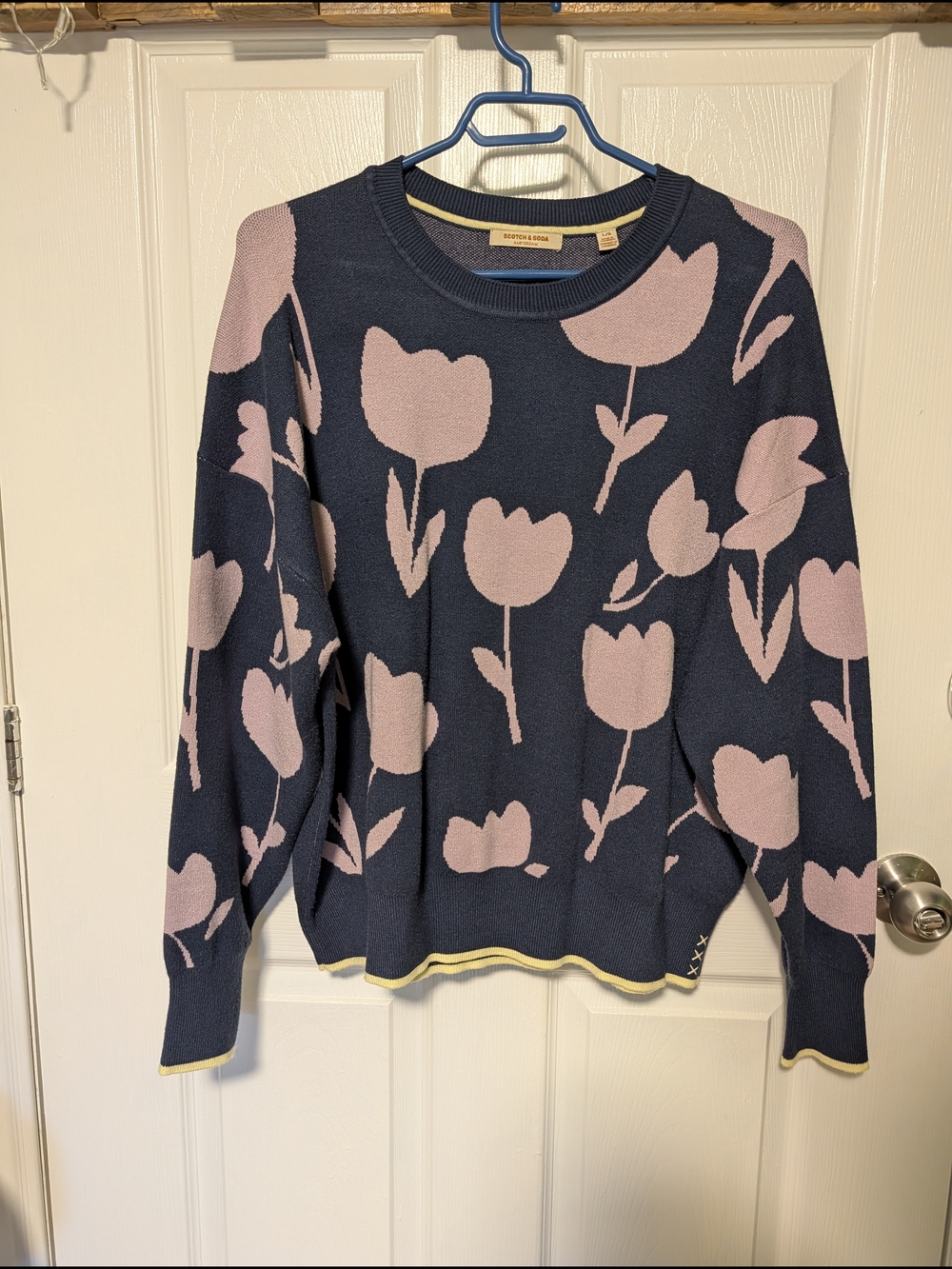 Scotch & Soda Navy Crew Sweater with Pink Floral Tulip Motif
